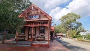 an old historic building with pitched roof at Coal Creek historic village in Korumburra