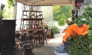 outside furniture with chairs stacked 