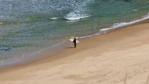 A lone surfer looks out to sea from the shoreline at The Oaks Inverloch