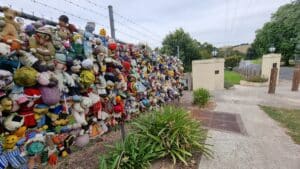 stuffed toys strung to a fence outside sunny side park loch