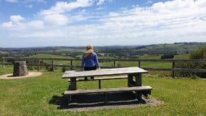 siting on a picnic table at Cape Horn Lookout Loch