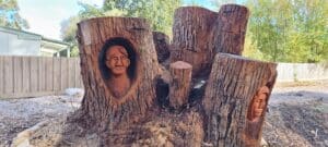 a carving from a tree stump depicting faces