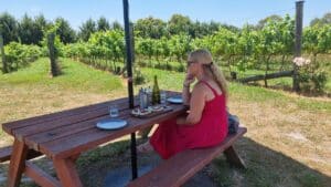 seating on a picnic bench outside at harman wines