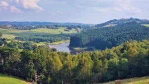 rolling hills with a lake and trees