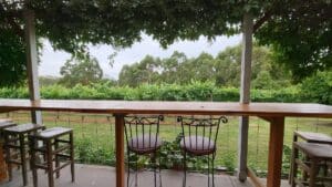 a table and chairs overlooking the grape vines at Gippsland Wine Company