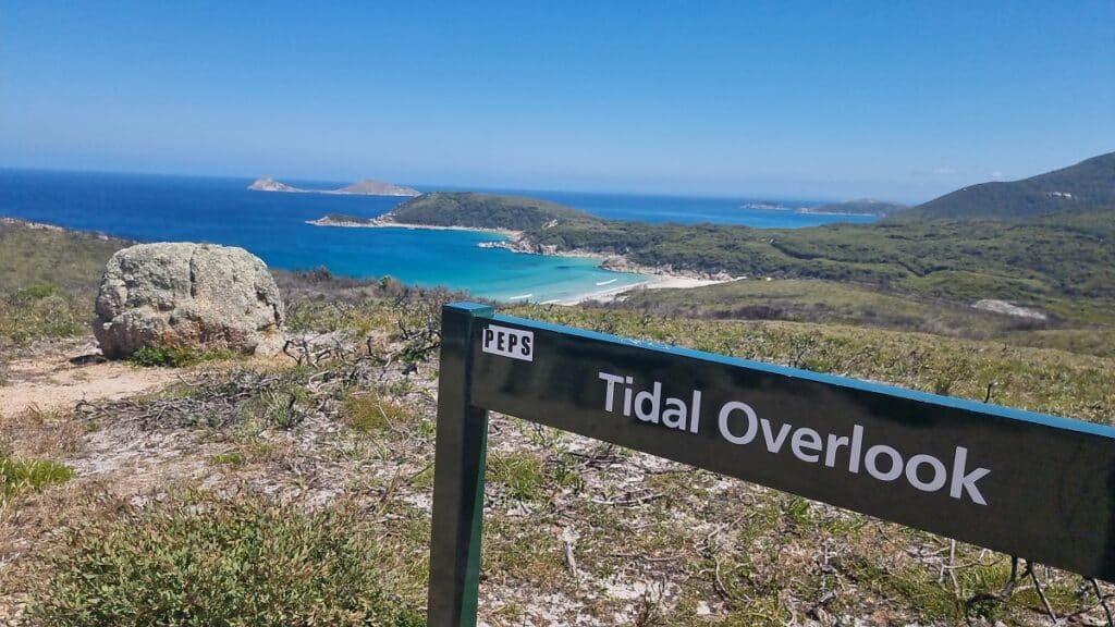 a sign of Tidal overlook track with sweeping views of Squeaky beach in Wilsons Prom national park