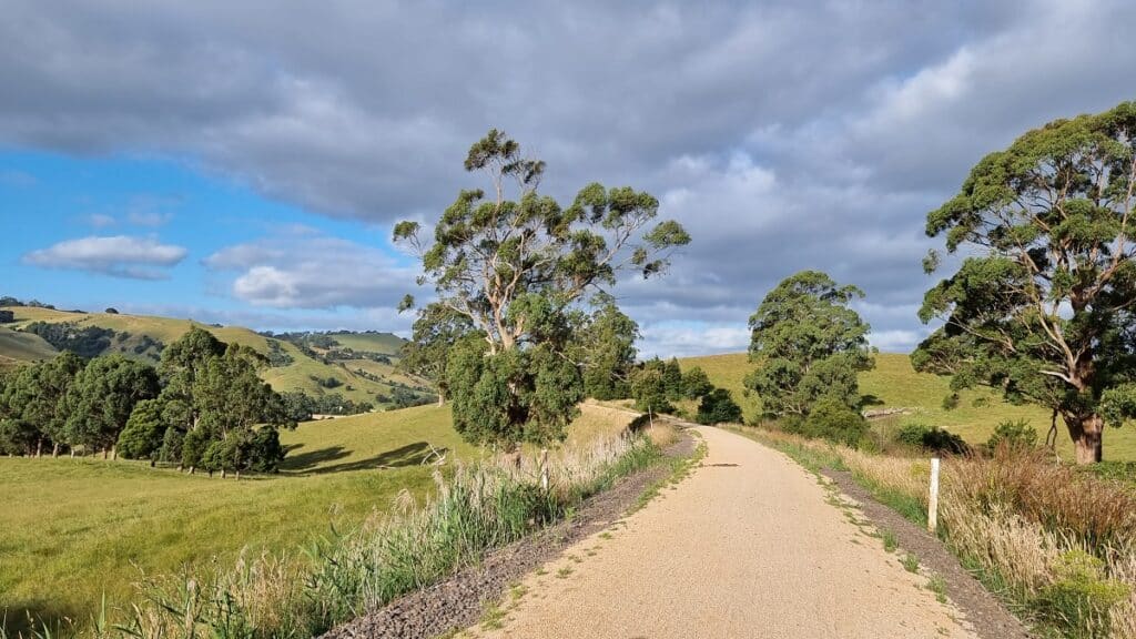 a stunning country sideof rolling hills on the rail trail near Korumburra