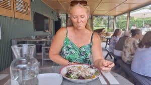 sitting down to lunch over a bowl of salad waratah hills vineyard fish creek