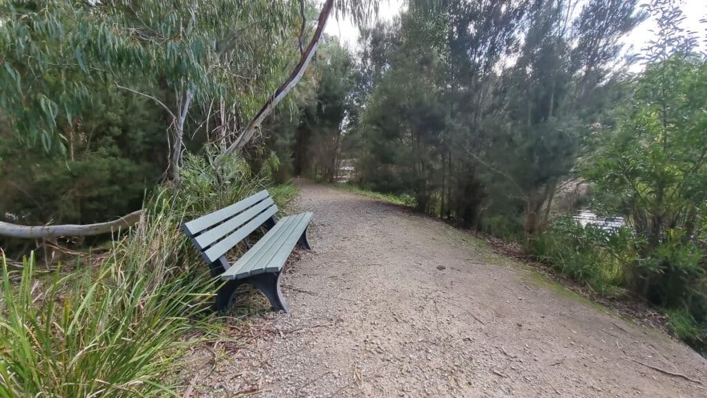 park bench onLeongatha Wetland the trail at