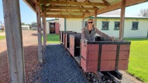 Sitting in a trolley at Wonthaggi State cola Mine